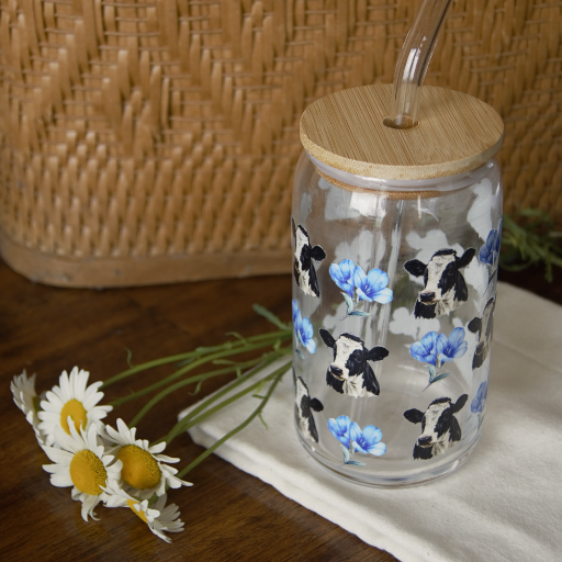 Blue Flower, Cow Glass Cup